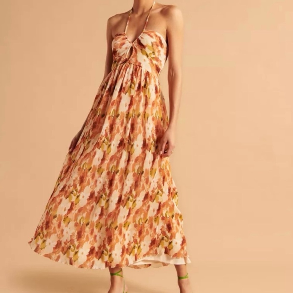 Abercrombie & Fitch Floral Halter Maxi Dress - Orange and Cream